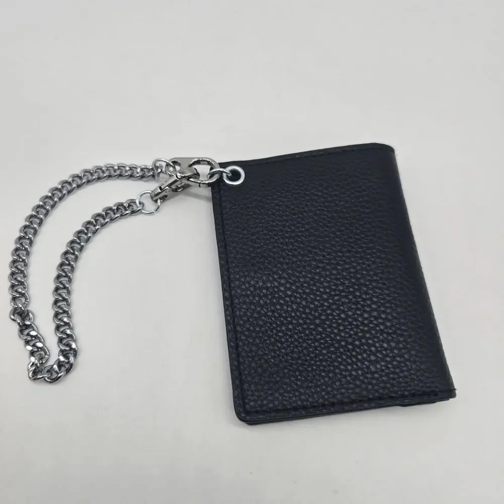 Michael Kors Parfums Faux Leather Wallet ID Card Holder Silver Tone Chain Black